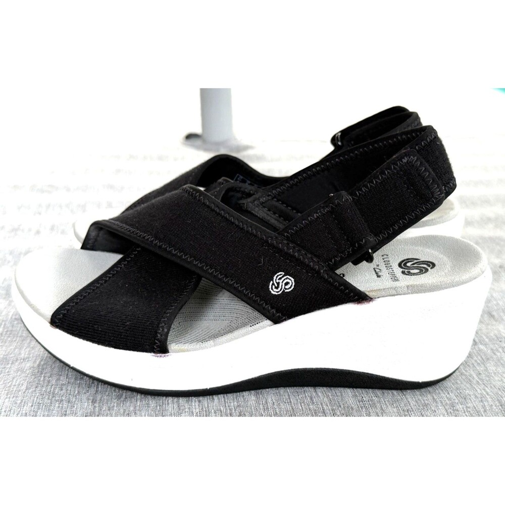 Clarks Cloudsteppers Sz 6M Black Fabric Wedge Sandals Cross Adjustable Straps